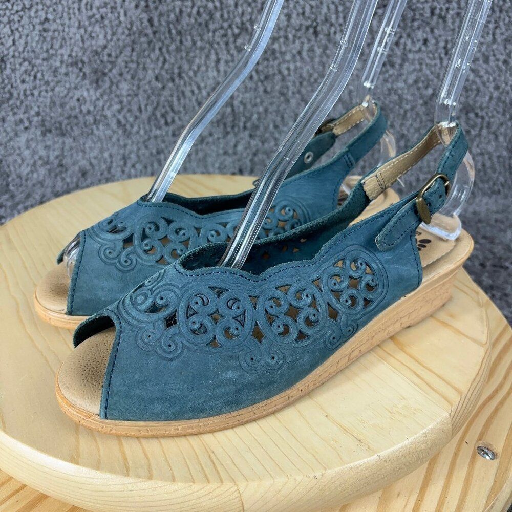 Spring Step Slingback Wedge Sandal Footsie Womens 9.5 Leather Blue Made in Italy